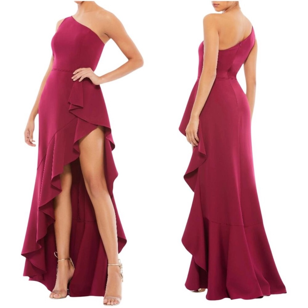 Mac Duggal NWT Purple One Shoulder High Slit Ruffle Gown Size Berry 4 Hi-Low Hem